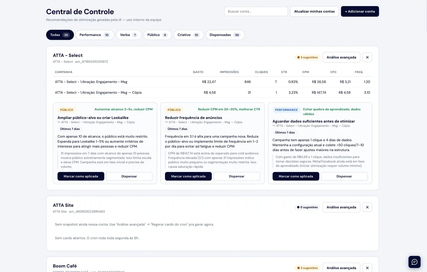 Tasker — Central de Controle com otimizações prontas por conta para aplicar ou dispensar.