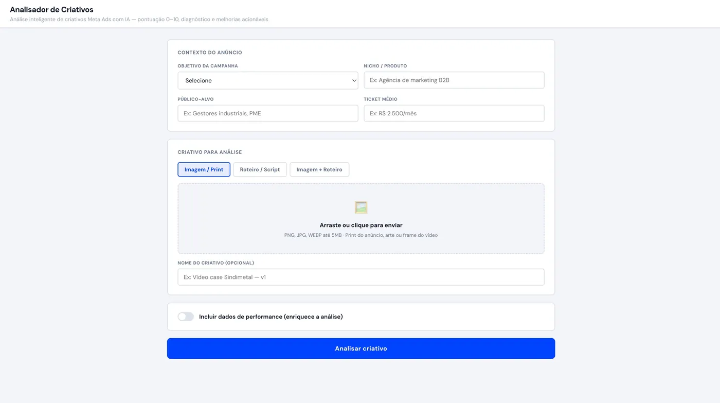 Tasker — Analisador de Criativos com IA a partir de imagem, roteiro ou ambos.