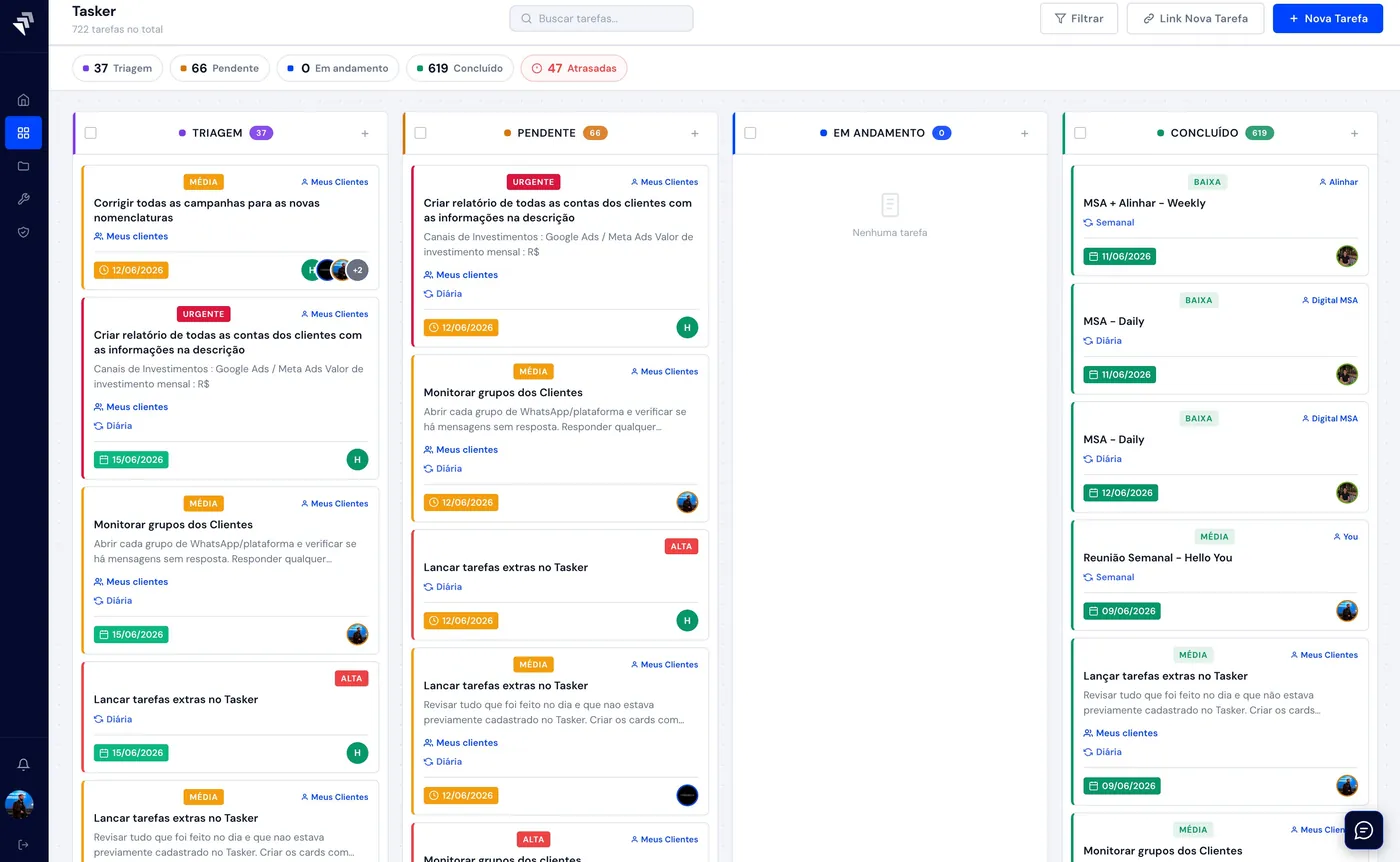 Tasker — Kanban com tarefas por etapa (triagem, pendente, em andamento, concluído) e visão por cliente.