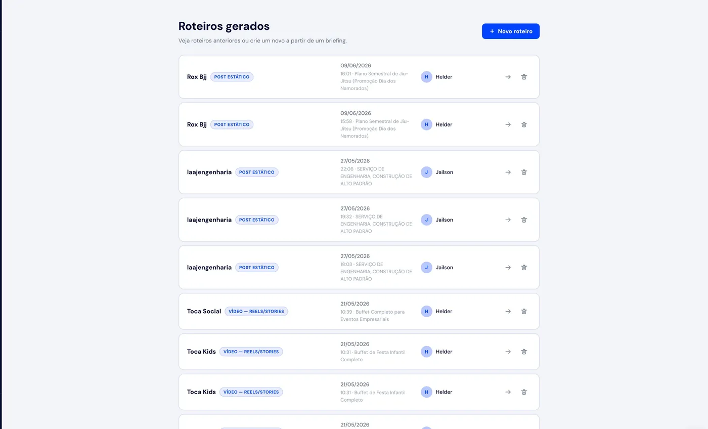 Tasker — histórico de roteiros gerados por cliente, com criação a partir de briefing.